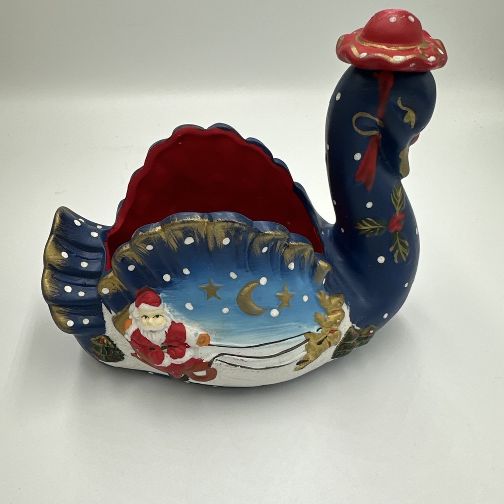 VTG‎ Christmas Mother Goose Planter Bowl Santa Sleigh Blue Winter Scene Ceramic